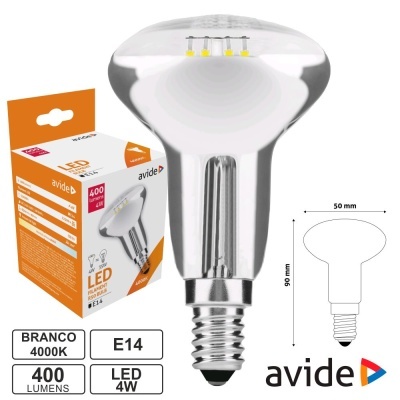 Lâmpada LED refletora avide, rosca E14, 4W, luz branca 4000K, 400 lumens, com embalagem branca e laranja.