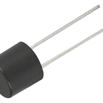 Componente eletrónico cilíndrico preto com duas hastes metálicas