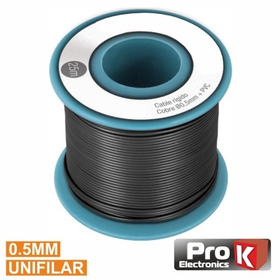 Rolo de cabo rígido preto com etiqueta azul e branca, marca Pro Electronics.