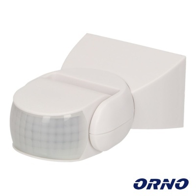 Sensor de movimento branco com cobertura translúcida e base retangular, logótipo ORNO azul