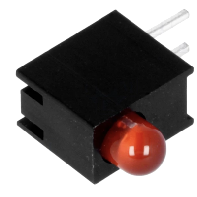 Componente eletrónico preto com LED vermelho e dois pinos metálicos