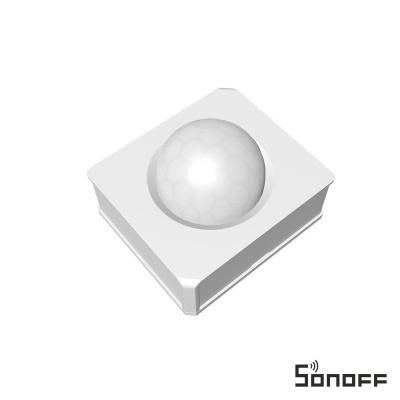 Sensor de movimento PIR branco com logotipo Sonoff em fundo branco