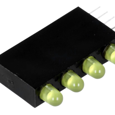 Componente eletrónico com quatro LEDs verde-amarelados e base preta retangular