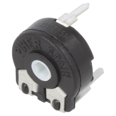 Potenciômetro preto com terminais metálicos