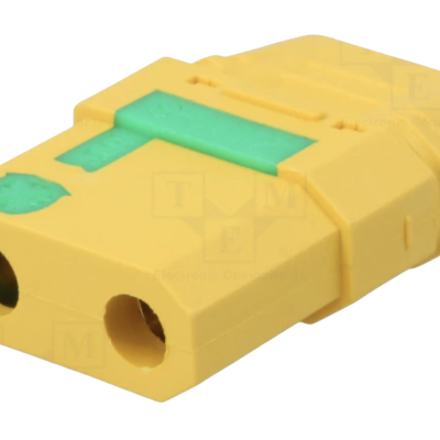 Conector elétrico amarelo com detalhes verdes e duas entradas circulares