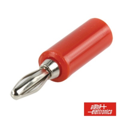 Conector banana vermelho com parte metálica prateada em fundo branco