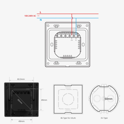 Dispositivo elétrico quadrado com diagrama de ligação e dimensões técnicas.