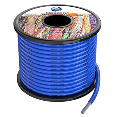 Bobina de cabo elétrico azul com fios multicoloridos e marcações 12AWG, 20A, 300V