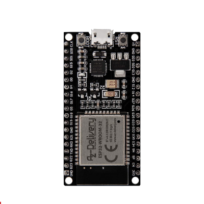 Placa de desenvolvimento eletrónica ESP32 preta com micro USB