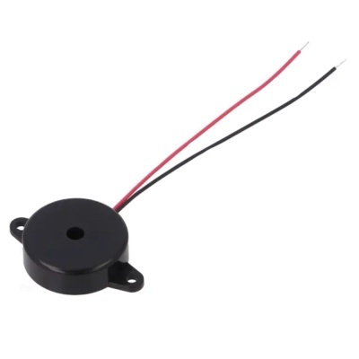 Buzzer redondo preto com fios vermelho e preto para montagem