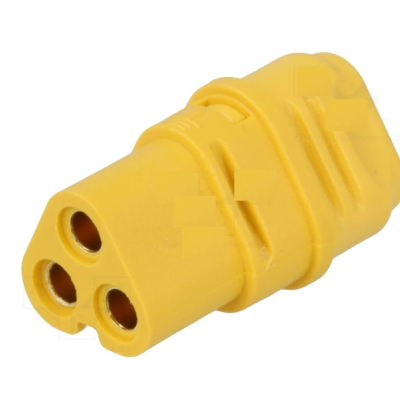 Conector elétrico amarelo com três entradas redondas