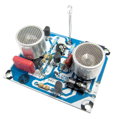 Placa eletrónica azul com microfones metálicos e componentes eletrónicos