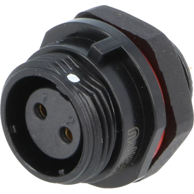 conector redondo preto com dois pinos e rosca