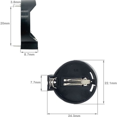 Suporte plástico preto com fecho metálico e dimensões em milímetros em fundo branco.