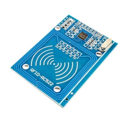 Modulo azul de circuito eletrónico RFID-RC522 com componentes.