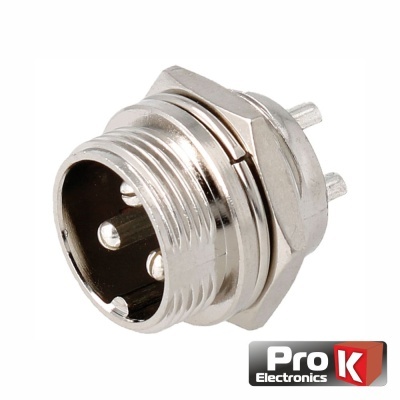 Conector elétrico metálico de 3 pinos com rosca e porca de fixação