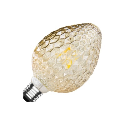 Lâmpada oval com vidro âmbar texturizado e base metálica prateada