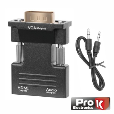 Adaptador HDMI para VGA preto com cabo auxiliar preto e logotipo Pro K Electronics