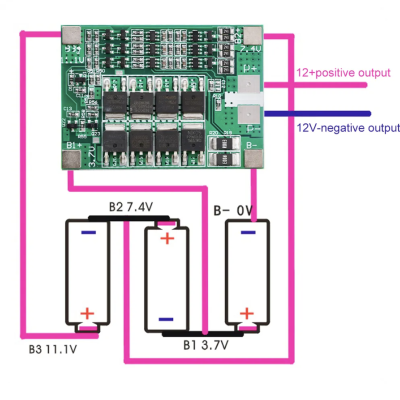 Placa eletrónica com esquemas e etiquetas para ligações elétricas de baterias