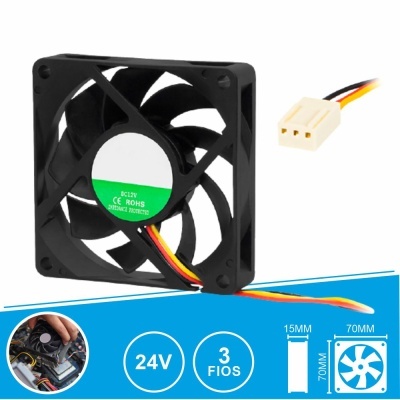 Cooler de computador quadrado preto com cabo de 3 fios e conector branco