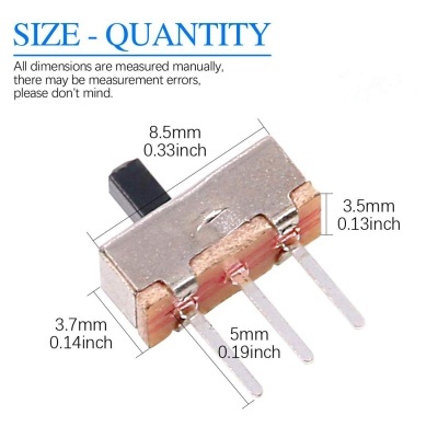Interruptor deslizante metálico com três pinos e botão preto, medições indicadas.