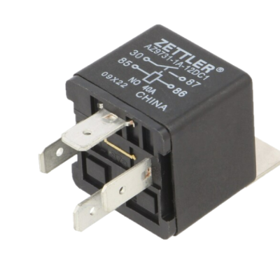 Relé ZETTLER preto com terminais metálicos e inscrições brancas