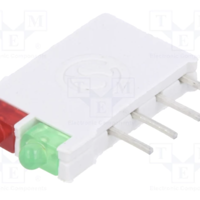 Componente eletrónico branco com LEDs vermelho e verde e quatro pinos metálicos.