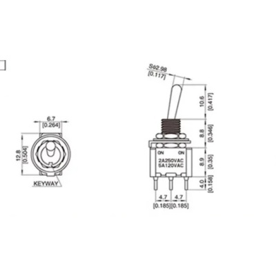 Imagem técnica de interruptor de alavanca azul KEYWAY com várias vistas e dimensões.