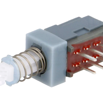 Interruptor elétrico com mola, pinos metálicos e botão branco