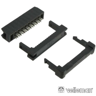Conector eletrônico preto com pinos metálicos e suporte