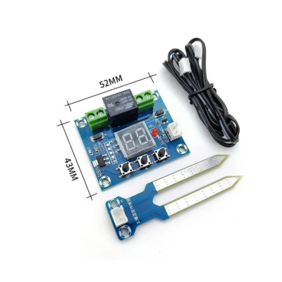 Placa eletrónica azul com ecrã digital, botões, cabo preto e sensor metálico