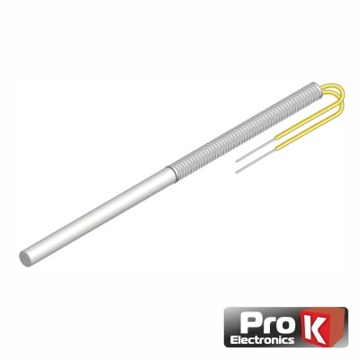 Termistor cilíndrico branco com fios amarelos e cinzentos e logotipo Pro K Electronics.
