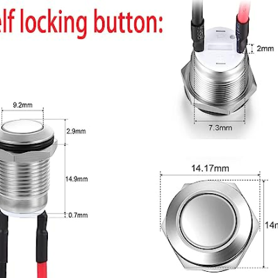 Interruptor metálico auto-bloqueante com fios vermelho e preto e dimensões indicadas