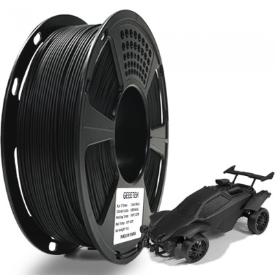 Carretel preto de filamento PLA para impressora 3D com modelo miniatura preto de carro de corrida