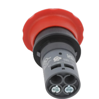 Botão de emergência vermelho com base preta e texto branco