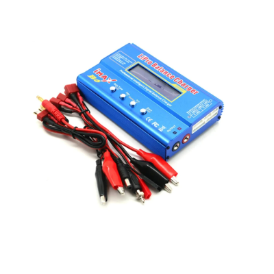 Carregador de bateria azul com ecrã e cabos