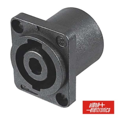 Conector de áudio preto cilíndrico com base quadrada sobre fundo branco com logo Alpha Elettronica