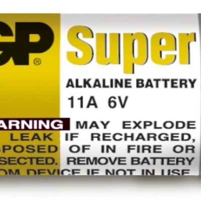 Pilhas alcalinas GP Super 11A 6V com texto de aviso