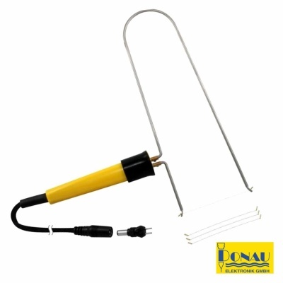 Ferramenta eléctrica com cabo amarelo e lâminas finas, logótipo DONAU ELEKTRONIK GMBH