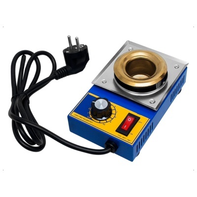 Forno ou soldador elétrico portátil azul com botão dial e interruptor vermelho