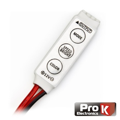 Controlador eletrónico branco com botões MODE, SPEED BRIGHT, COLOR e fios vermelhos e pretos