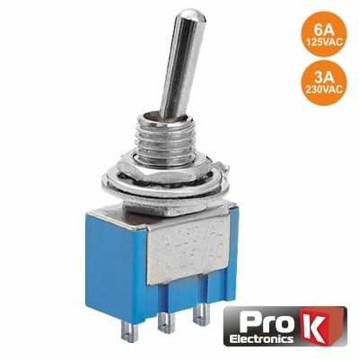 Interruptor toggle metálico com base azul e texto técnico ao lado