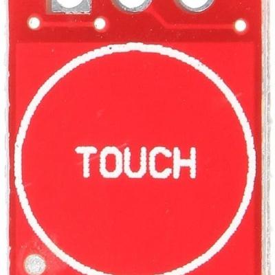 Módulo eletrónico vermelho com a palavra TOUCH em branco e três orifícios no topo