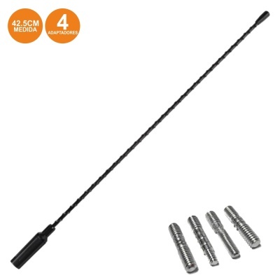 Antena de rádio preta com quatro adaptadores metálicos prateados e texto informativo em fundo branco