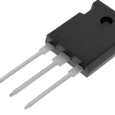 Componente eletrónico preto com três pinos metálicos