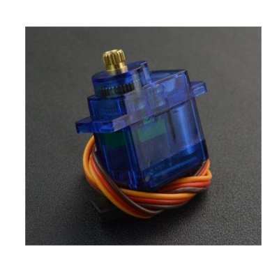 Motor servo pequeno plástico azul com cabo tricolor em fundo preto.