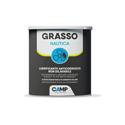 Lata preta de lubrificante anticorrosivo Grasso Nautica com rótulo azul e branco
