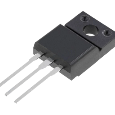 Componente eletrónico preto com três pinos metálicos em fundo branco