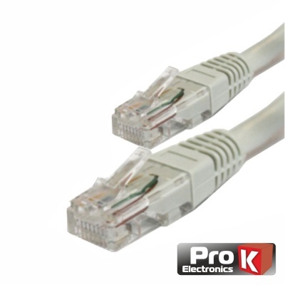 Cabo de rede Ethernet branco com conectores RJ45 e logotipo Pro K Electronics