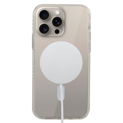 Smartphone dourado com capa transparente e carregador magnético circular branco